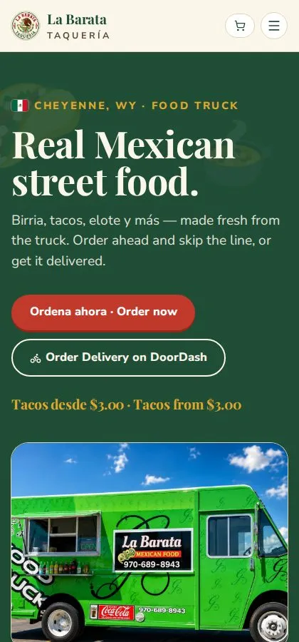 The storefront on a phone, where most of La Barata's orders happen